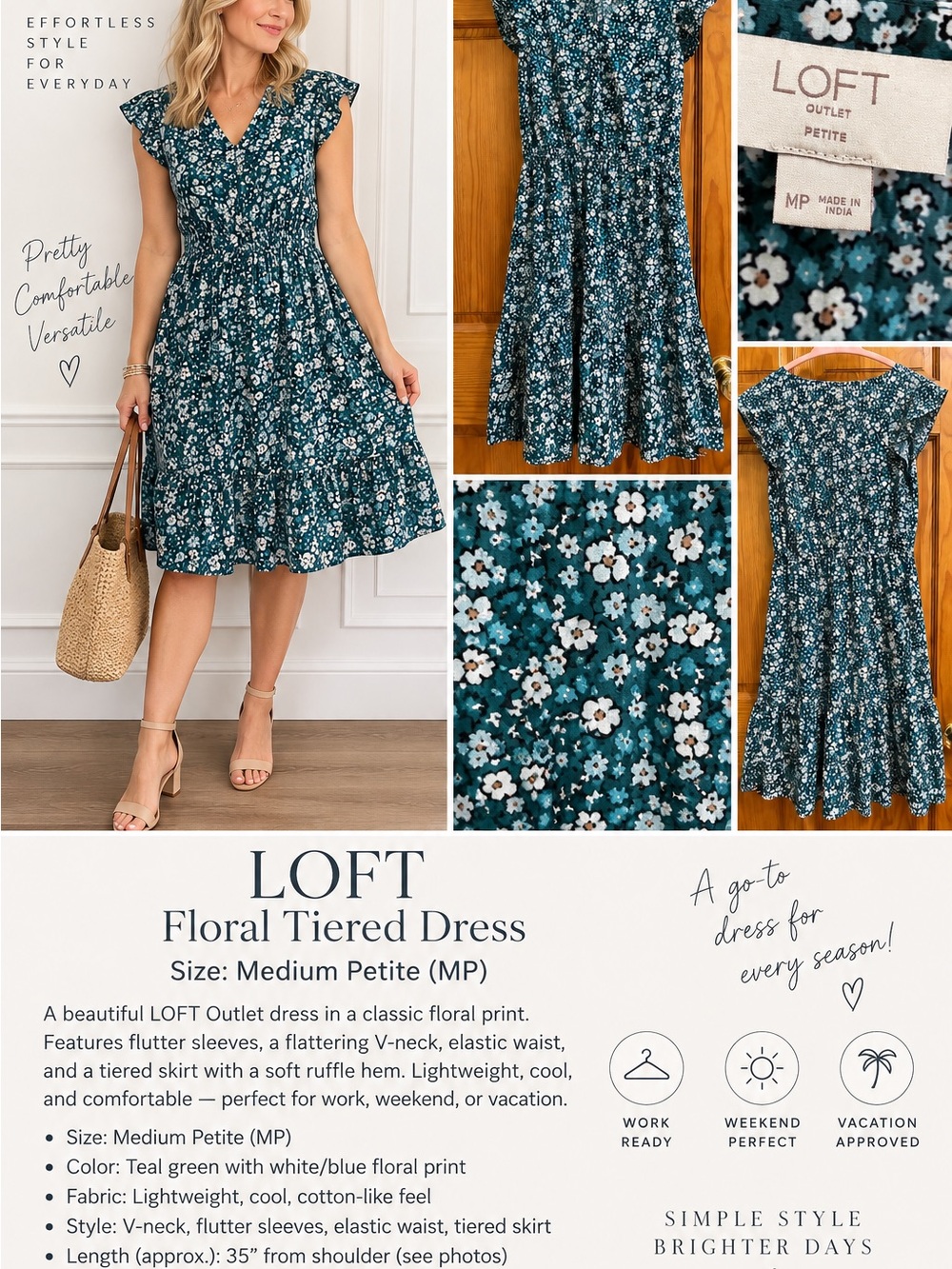LOFT Teal Green Floral Tiered Midi Dress